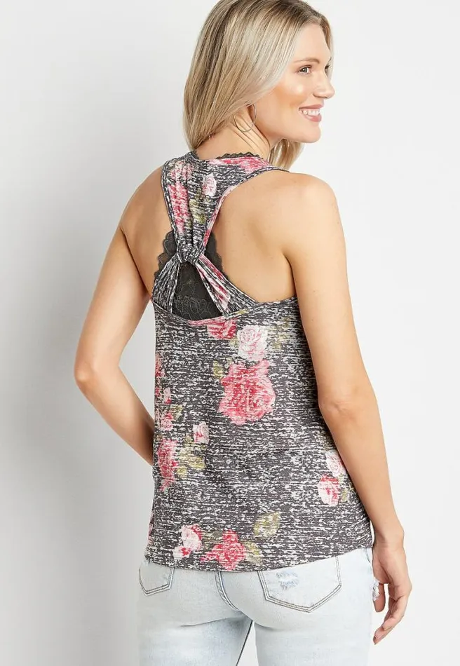 247 Gray Floral Knot Back Tank Top Women Maurices Tops