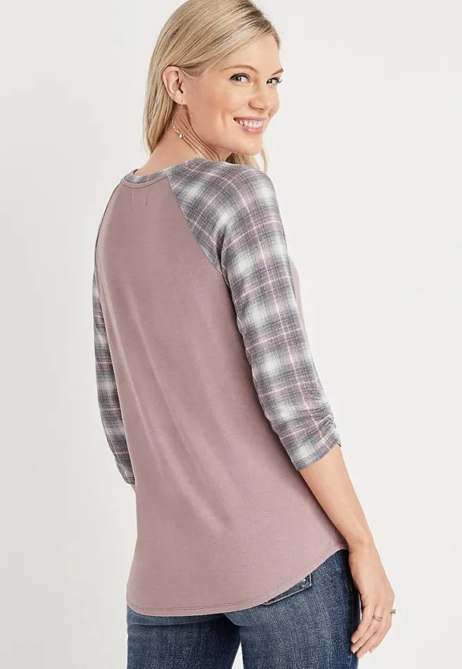247 Plaid Ruched Sleeve Baseball Tee Women Maurices Tops