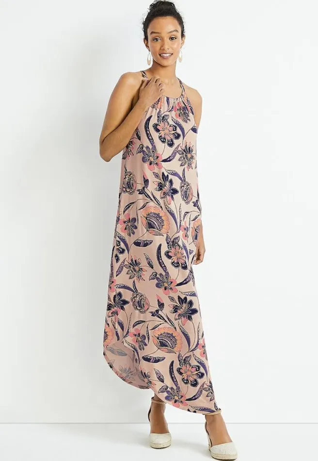 247 Tan Floral Halter Neck Maxi Dress Women Maurices Dresses and Jumpsuits