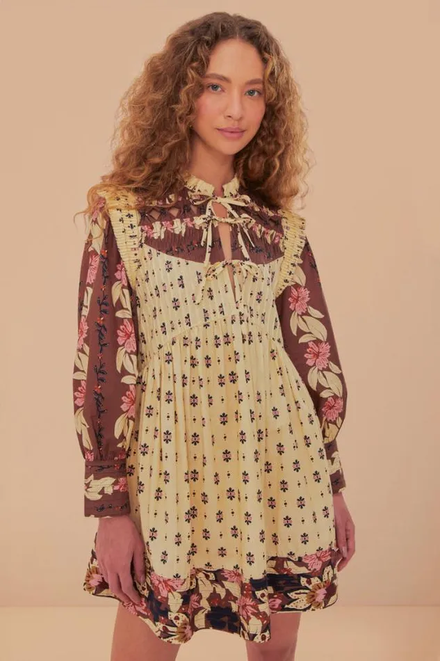 Ainika Maxi Floral Cream Open Yoke Mini Dress Women FARM Rio Mini Dresses
