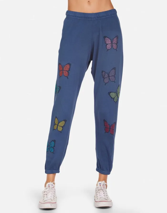 Alana Crystal Butterfly Denim Navy Women Lauren Moshi Crop Sweatpants