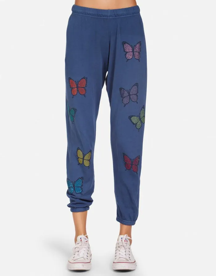 Alana Crystal Butterfly Denim Navy Women Lauren Moshi Crop Sweatpants