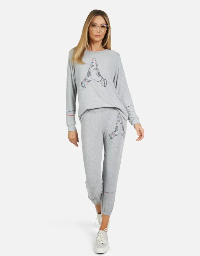 Alana Prayer Hands Heather Grey Women Lauren Moshi Crop Sweatpants