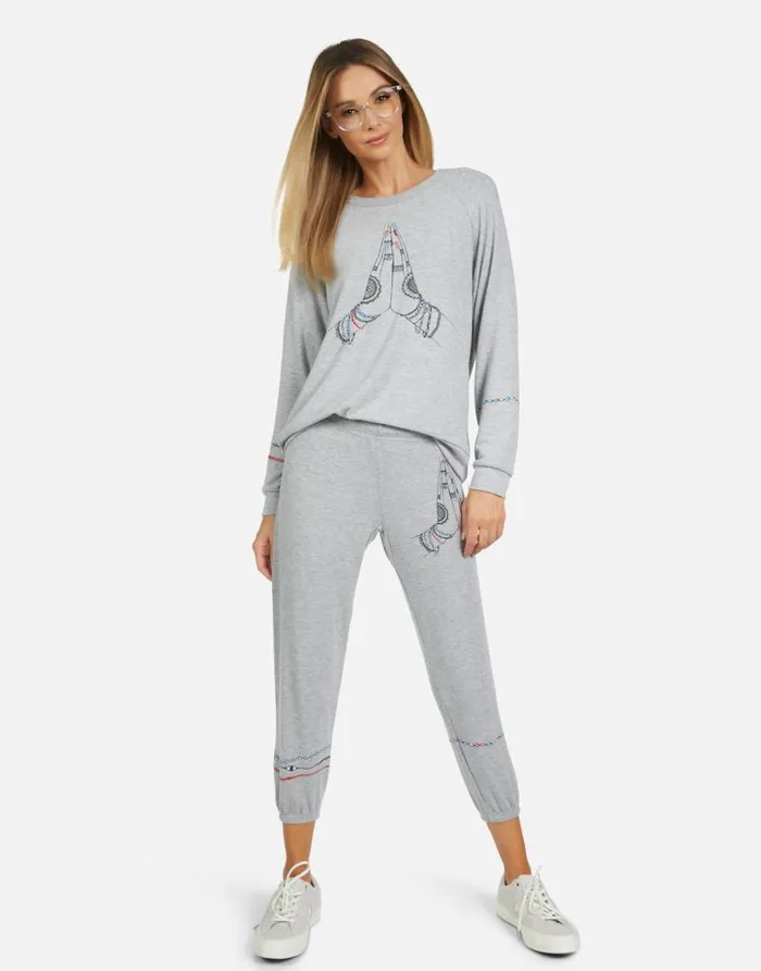 Alana Prayer Hands Heather Grey Women Lauren Moshi Crop Sweatpants