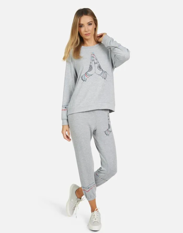 Alana Prayer Hands Heather Grey Women Lauren Moshi Crop Sweatpants