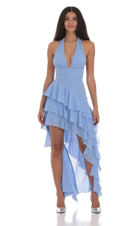 Asymmetrical Ruffle Maxi Dress Blue Women LUCY IN THE SKY Maxi Dresses