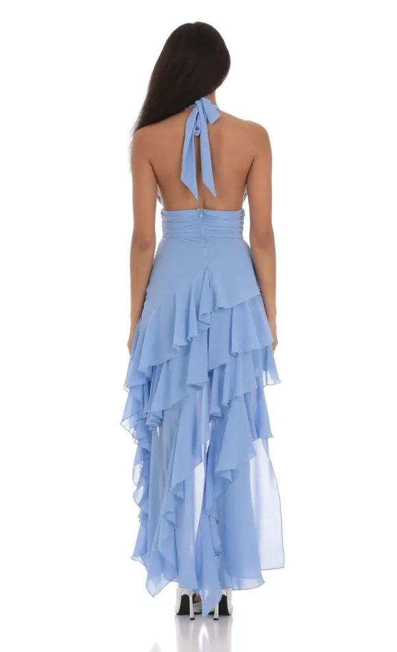 Asymmetrical Ruffle Maxi Dress Blue Women LUCY IN THE SKY Maxi Dresses