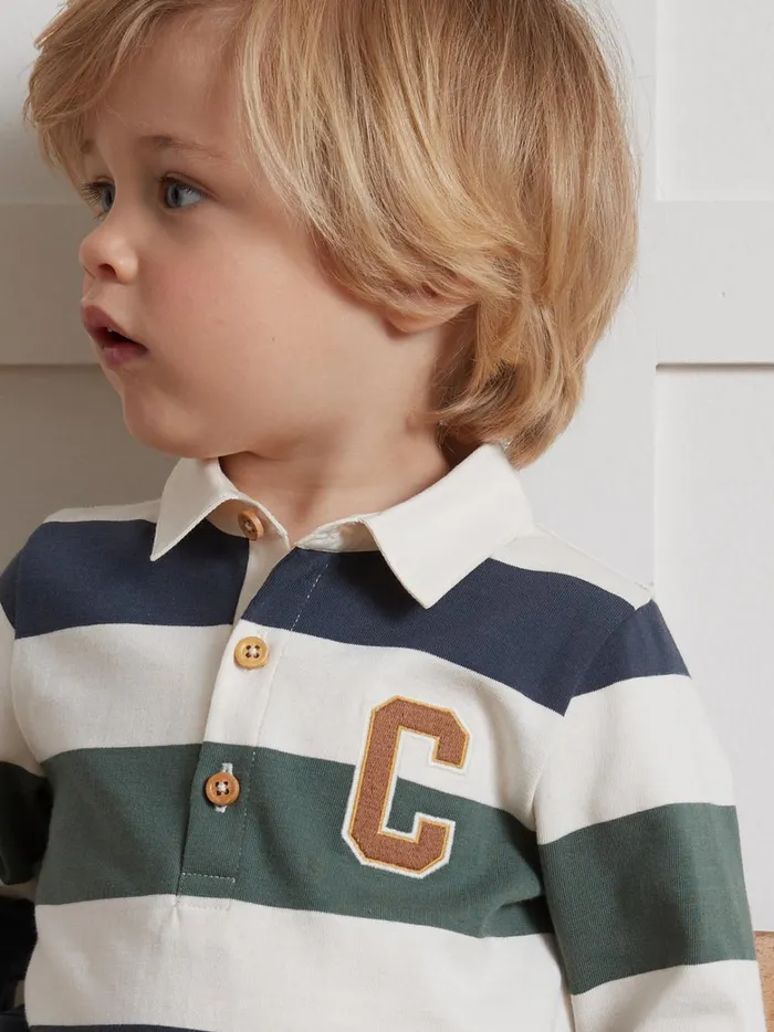 Baby Baby Boy Cyrillus Organic Cotton Rugby Shirt Rayure Vertbleu