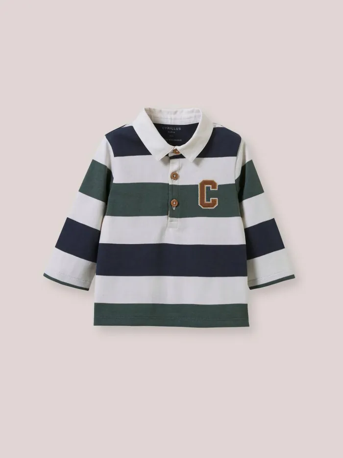 Baby Baby Boy Cyrillus Organic Cotton Rugby Shirt Rayure Vertbleu