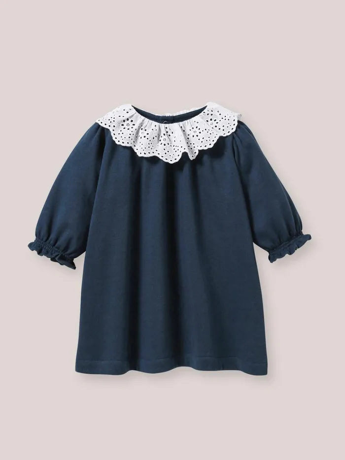 Baby Baby Girl Cyrillus Fleece Bodysuit With Broderie Anglaise Collar Nuit