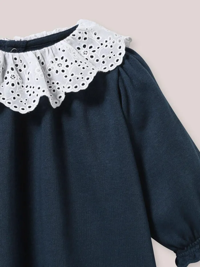 Baby Baby Girl Cyrillus Fleece Bodysuit With Broderie Anglaise Collar Nuit
