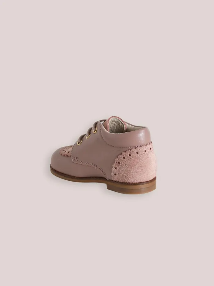 Baby Baby Girl Cyrillus Leather Ankle Boots With PunchHole Toe Rose Grise