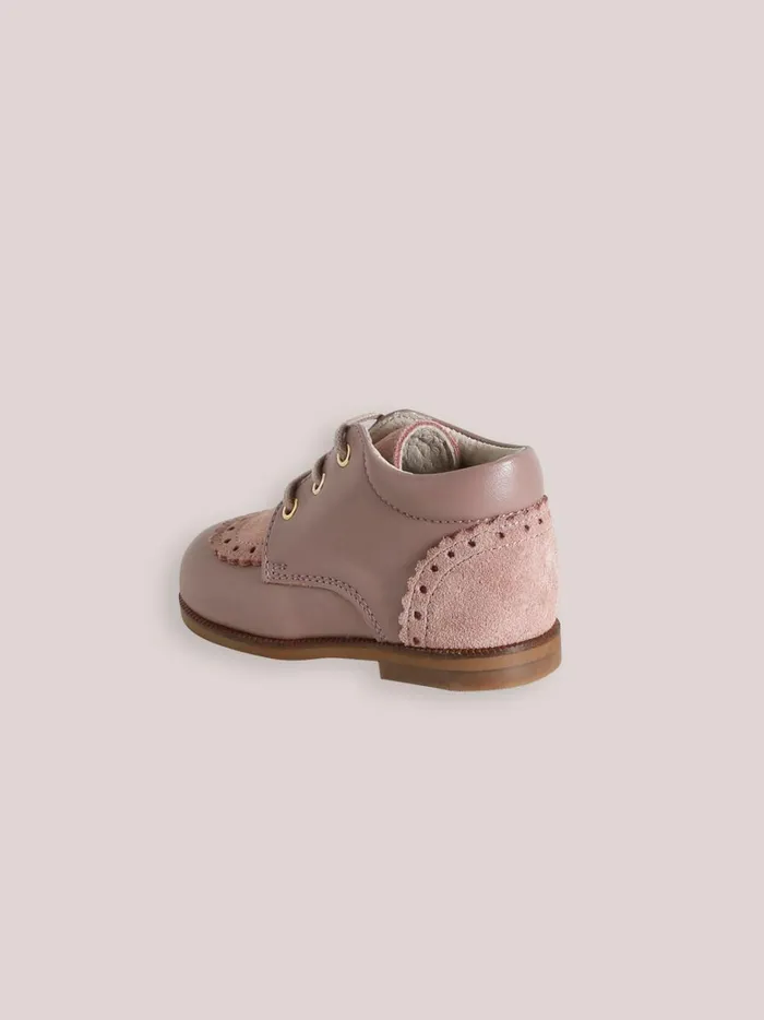 Baby Baby Girl Cyrillus Leather Ankle Boots With PunchHole Toe Rose Grise