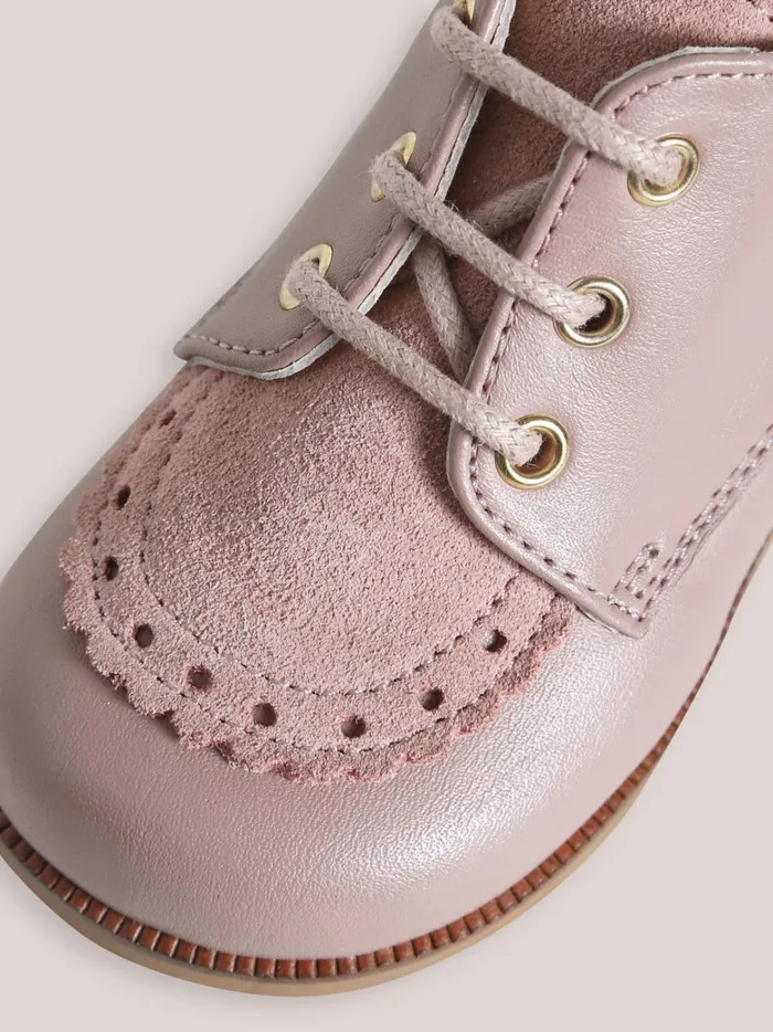Baby Baby Girl Cyrillus Leather Ankle Boots With PunchHole Toe Rose Grise