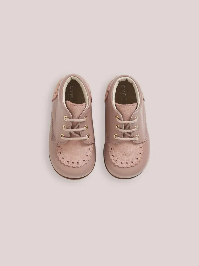 Baby Baby Girl Cyrillus Leather Ankle Boots With PunchHole Toe Rose Grise