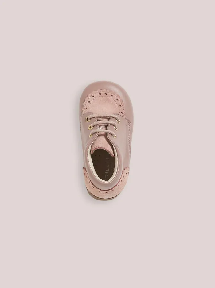 Baby Baby Girl Cyrillus Leather Ankle Boots With PunchHole Toe Rose Grise