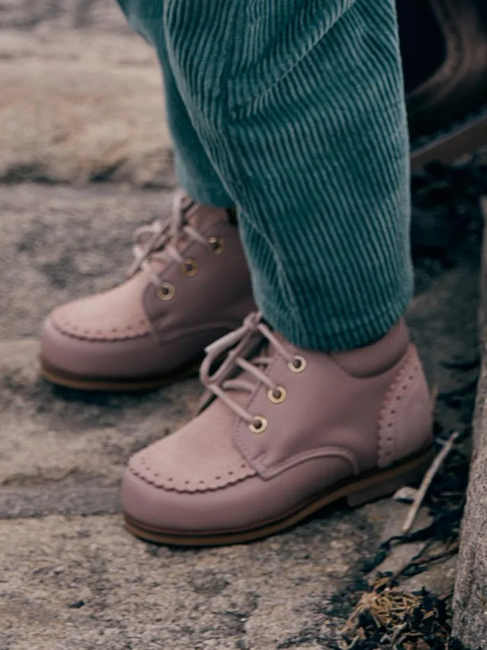 Baby Baby Girl Cyrillus Leather Ankle Boots With PunchHole Toe Rose Grise