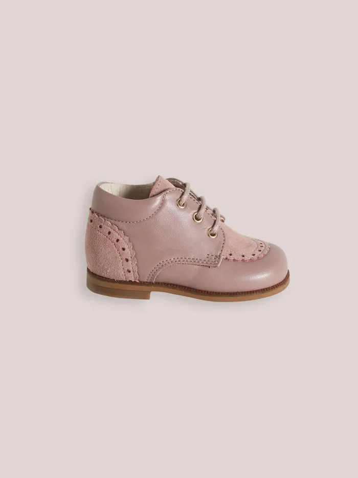 Baby Baby Girl Cyrillus Leather Ankle Boots With PunchHole Toe Rose Grise