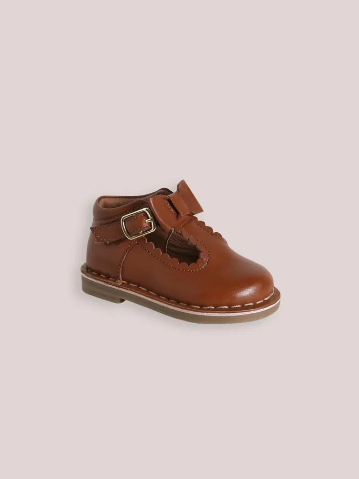 Baby Baby Girl Cyrillus Leather TStrap Shoes With Bow Cognac