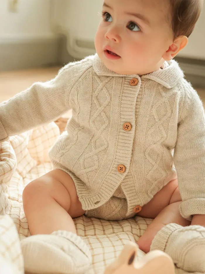 Baby Birth Cyrillus Cable Knit Wool Cardigan Beige Chine