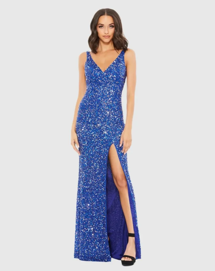 Best Sellers Women Blue Sequined Sleeveless V Neck Side Slit Gown Royal Blue Mac Duggal
