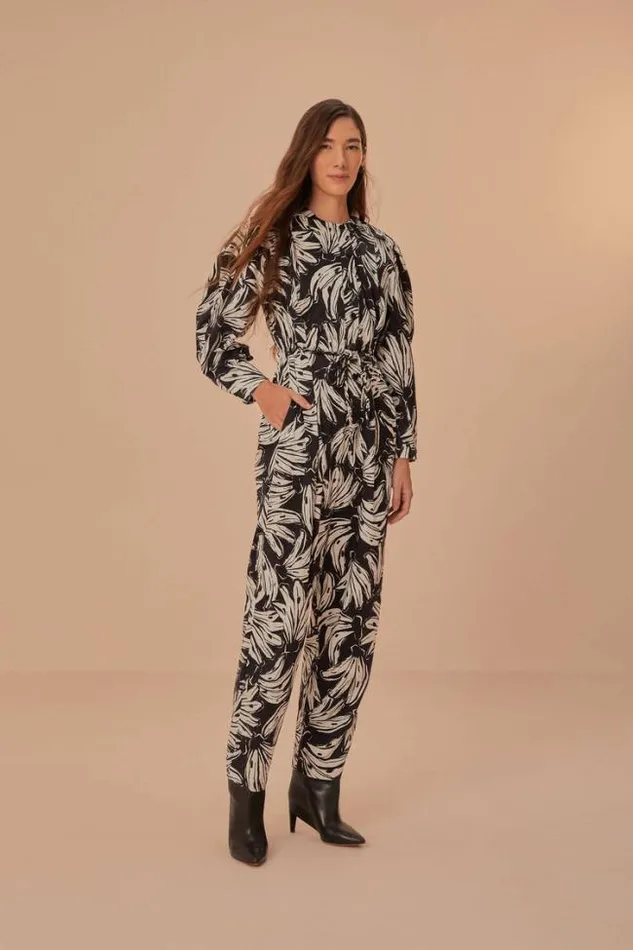 Black Bossa Banana Long Sleeve Jumpsuit Women FARM Rio Jumpsuits