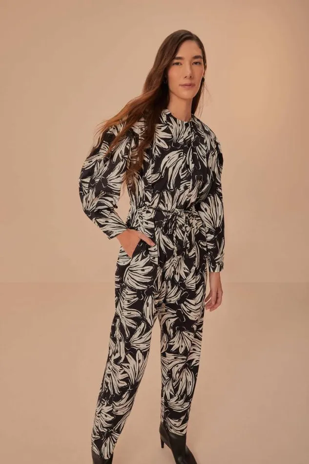 Black Bossa Banana Long Sleeve Jumpsuit Women FARM Rio Jumpsuits