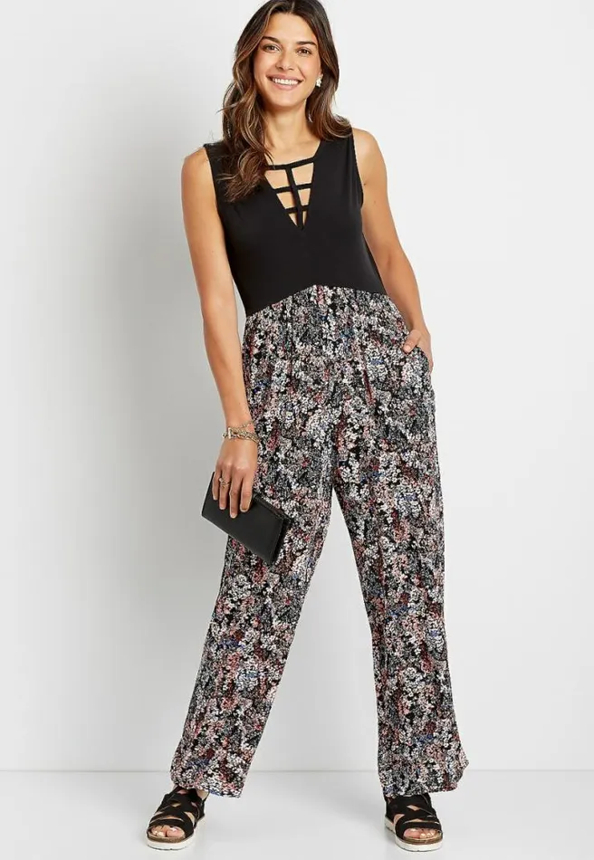 Black Floral Strappy Neck Jumpsuit Women Maurices Dresses and Jumpsuits
