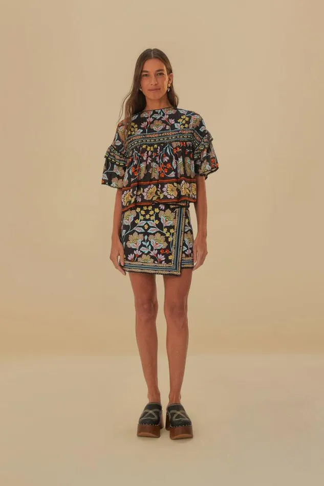 Black Flowery Ruffle Blouse Women FARM Rio Blouses