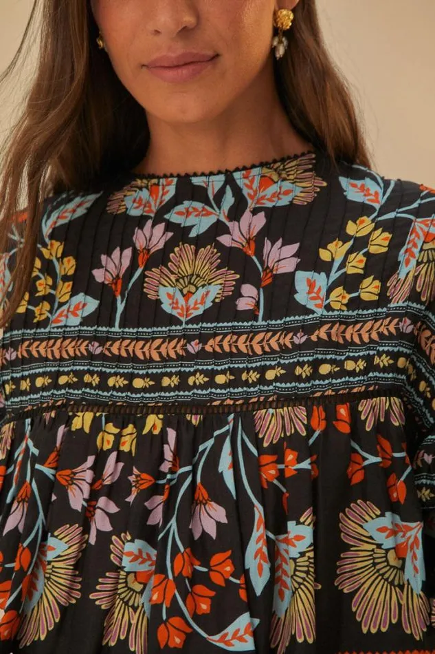 Black Flowery Ruffle Blouse Women FARM Rio Blouses