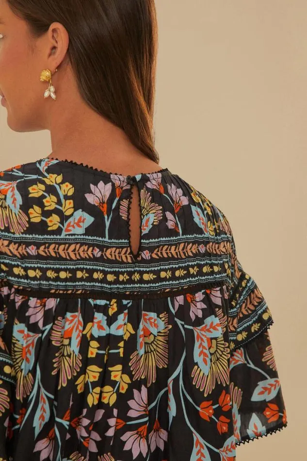 Black Flowery Ruffle Blouse Women FARM Rio Blouses