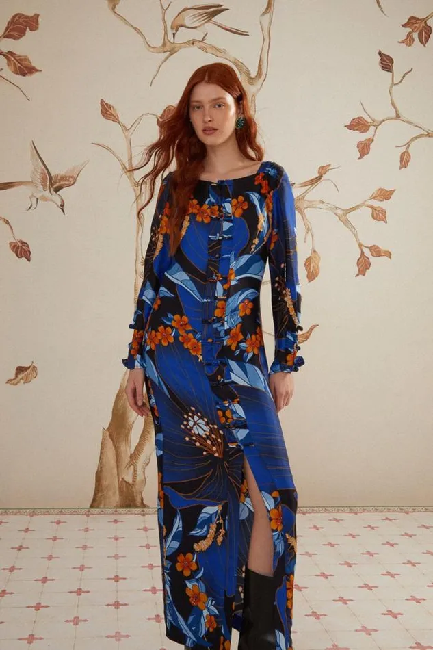 Black Pietra Floral Lenzing Ecovero Viscose Midi Dress Women FARM Rio Midi Dresses