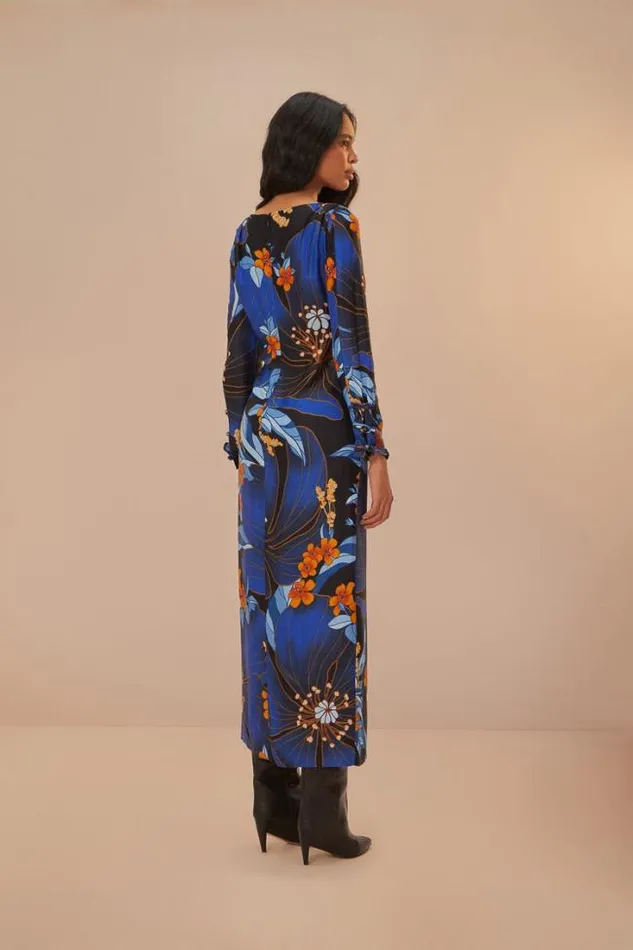 Black Pietra Floral Lenzing Ecovero Viscose Midi Dress Women FARM Rio Midi Dresses