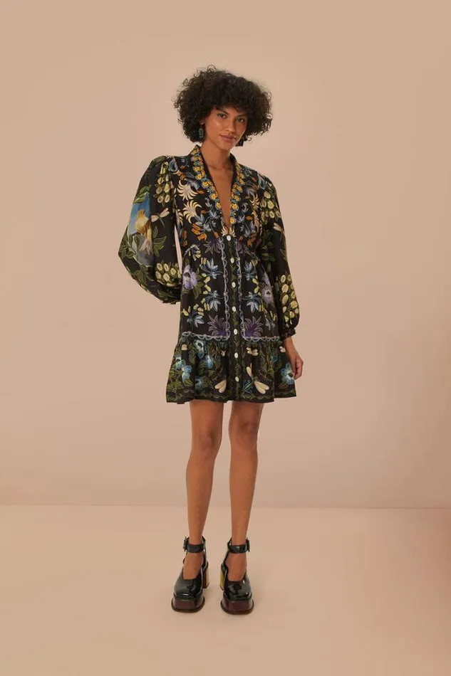 Black Winter Garden Mini Dress Long Sleeves Women FARM Rio Mini Dresses
