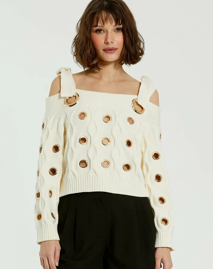 Blouses and Tops Ivory Chunky Knit Off The Shoulder Grommet Cropped Sweater Cream Mac Duggal Women
