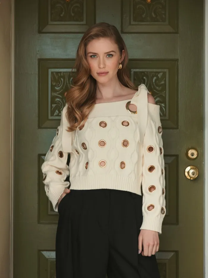 Blouses and Tops Ivory Chunky Knit Off The Shoulder Grommet Cropped Sweater Cream Mac Duggal Women