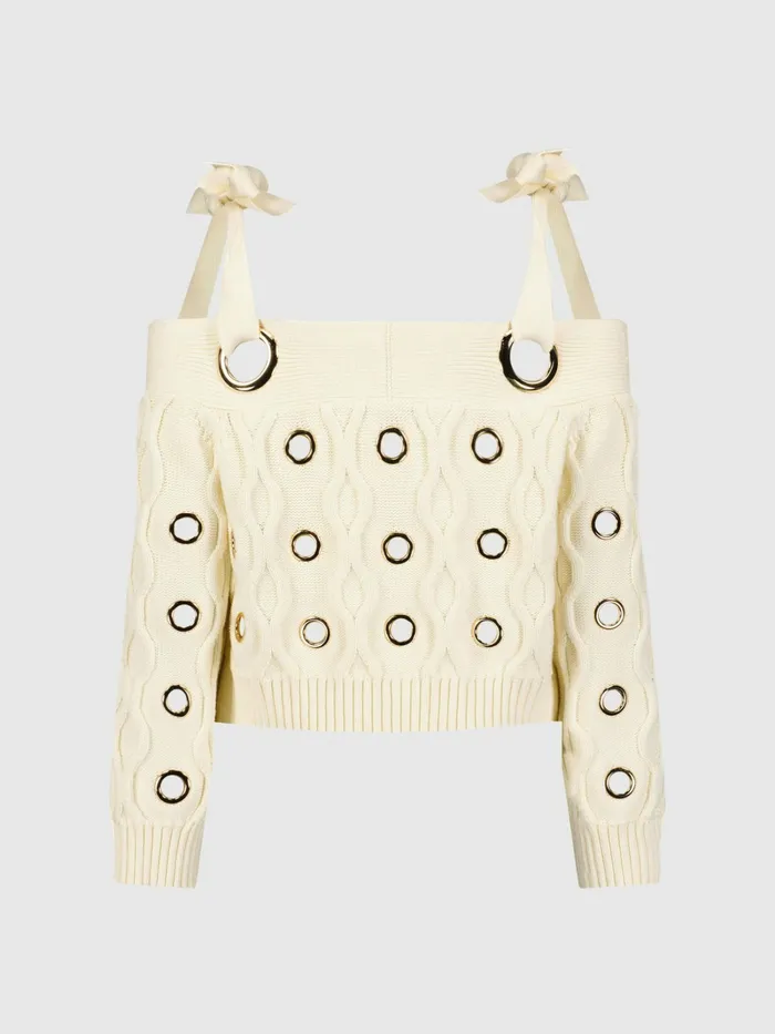 Blouses and Tops Ivory Chunky Knit Off The Shoulder Grommet Cropped Sweater Cream Mac Duggal Women