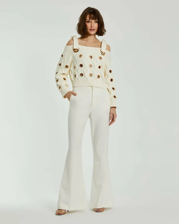 Blouses and Tops Ivory Chunky Knit Off The Shoulder Grommet Cropped Sweater Cream Mac Duggal Women