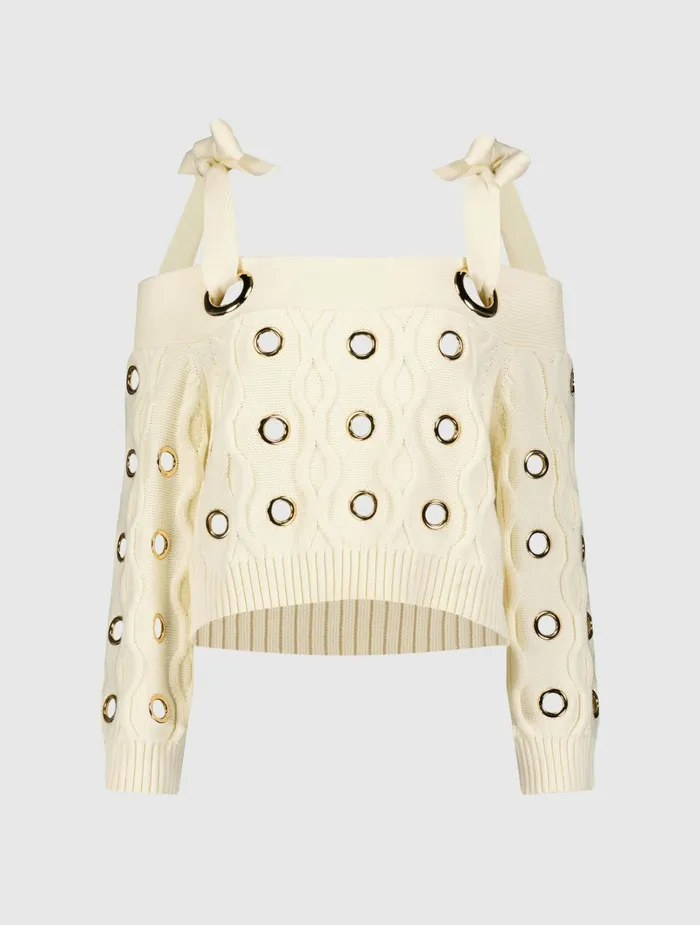Blouses and Tops Ivory Chunky Knit Off The Shoulder Grommet Cropped Sweater Cream Mac Duggal Women
