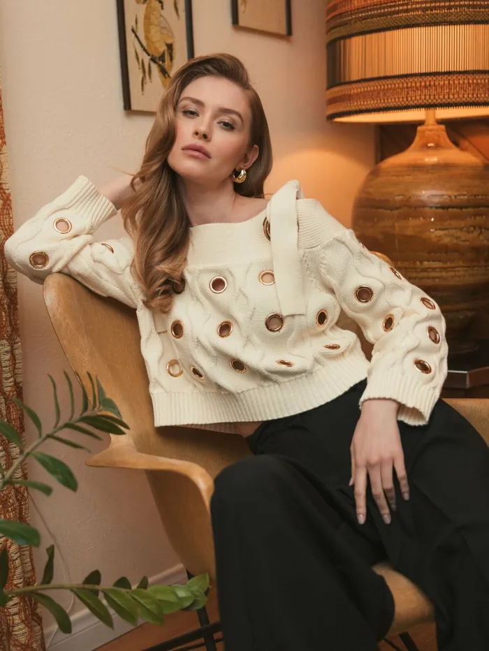 Blouses and Tops Ivory Chunky Knit Off The Shoulder Grommet Cropped Sweater Cream Mac Duggal Women