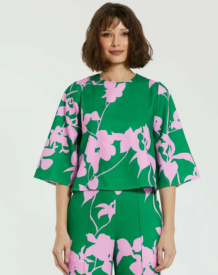 Blouses and Tops Mac Duggal Women Printed Crepe 34 Bell Sleeve High Neck Top 8211 FINAL SALE Green Multi