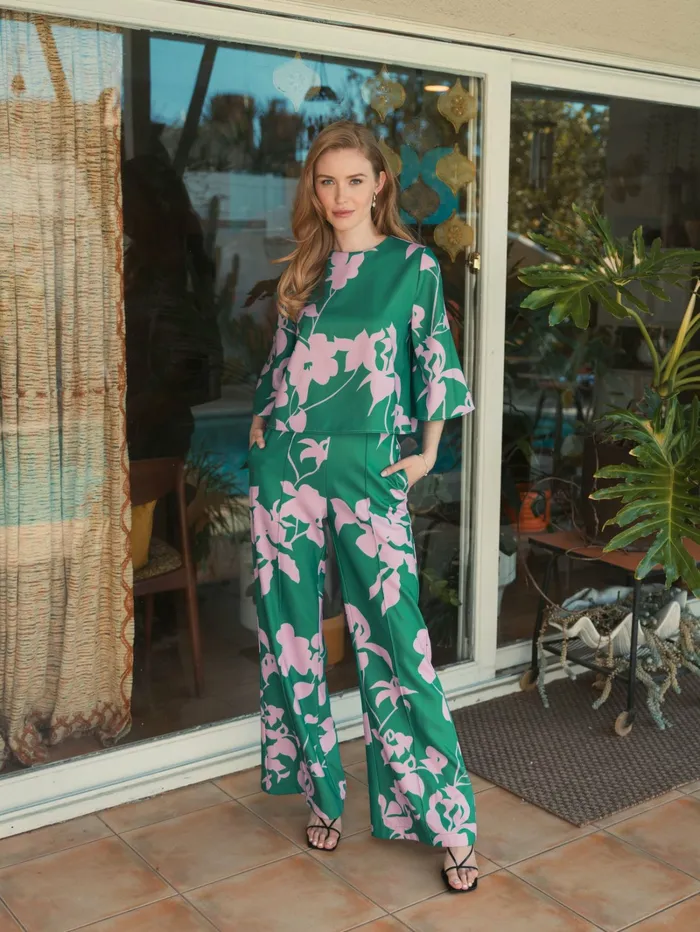 Blouses and Tops Mac Duggal Women Printed Crepe 34 Bell Sleeve High Neck Top 8211 FINAL SALE Green Multi