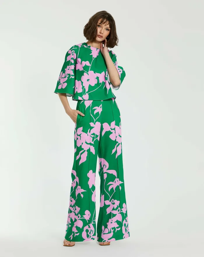Blouses and Tops Mac Duggal Women Printed Crepe 34 Bell Sleeve High Neck Top 8211 FINAL SALE Green Multi