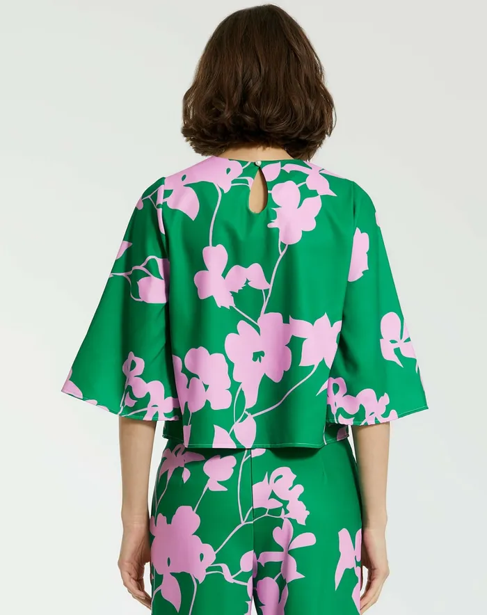 Blouses and Tops Mac Duggal Women Printed Crepe 34 Bell Sleeve High Neck Top 8211 FINAL SALE Green Multi