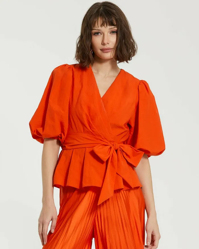 Blouses and Tops Women Mac Duggal Faille Wrap Over Balloon Sleeve Blouse 8211 FINAL SALE Sunset