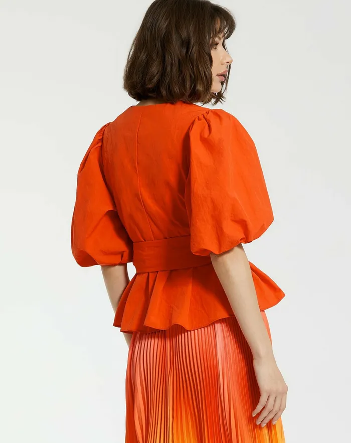 Blouses and Tops Women Mac Duggal Faille Wrap Over Balloon Sleeve Blouse 8211 FINAL SALE Sunset