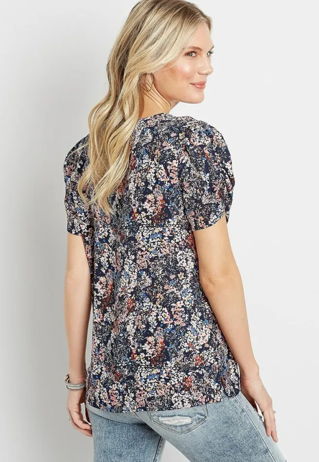 Blue Floral Ruched Sleeve Blouse Women Maurices Tops
