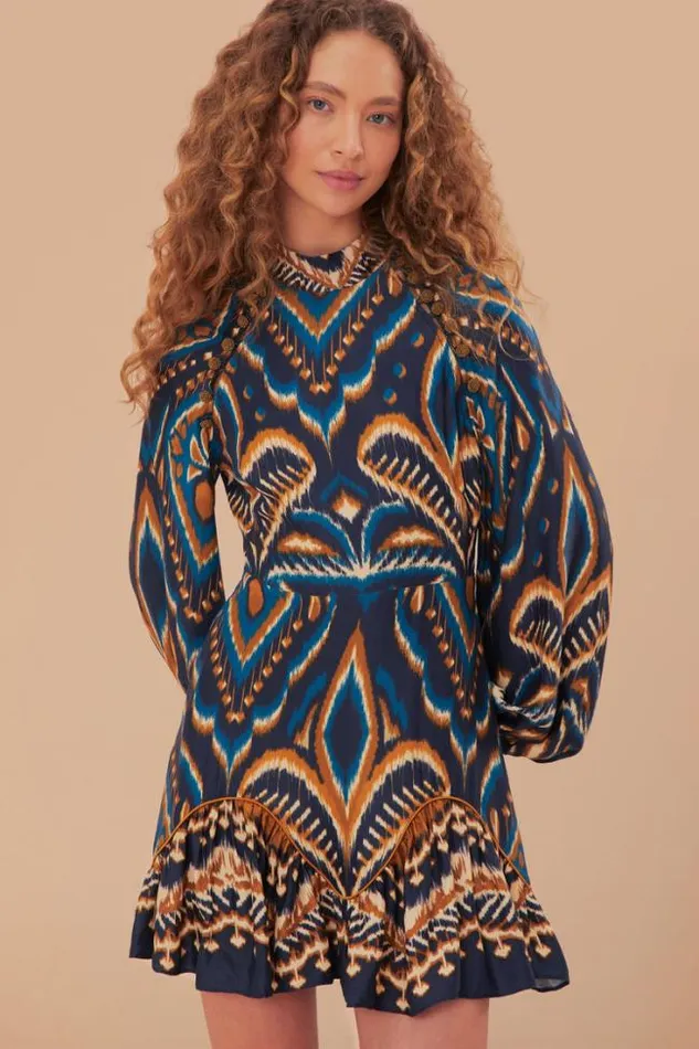 Blue Pineapple Ikat Lenzing Ecovero Viscose Mini Dress Women FARM Rio Mini Dresses
