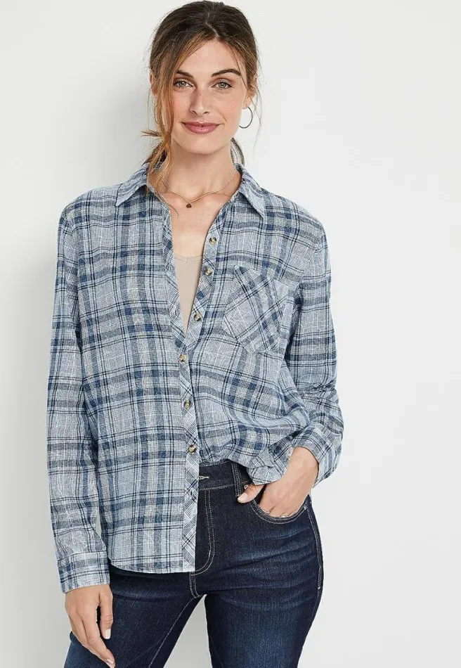 Blue Plaid Button Down Shirt Women Maurices Tops