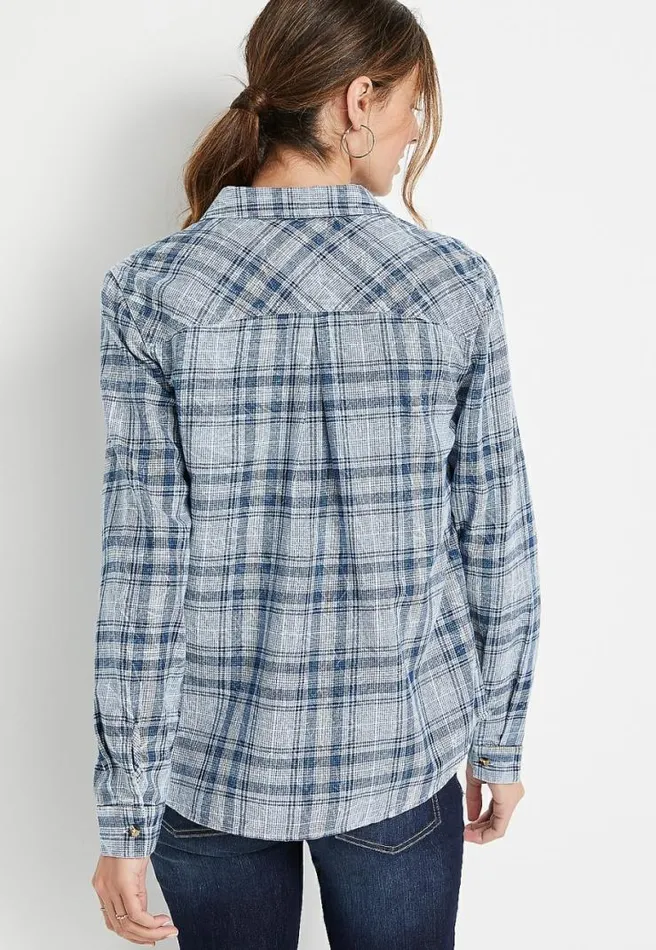 Blue Plaid Button Down Shirt Women Maurices Tops